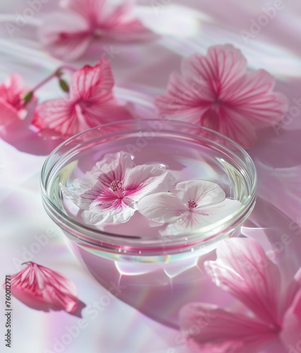 Close-up of facial serum and floral petals in Petri dish. Scientific research concept. 