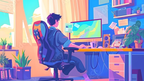 Illustration of a person working hard in front of the computer. Depict a full of tasks environment.