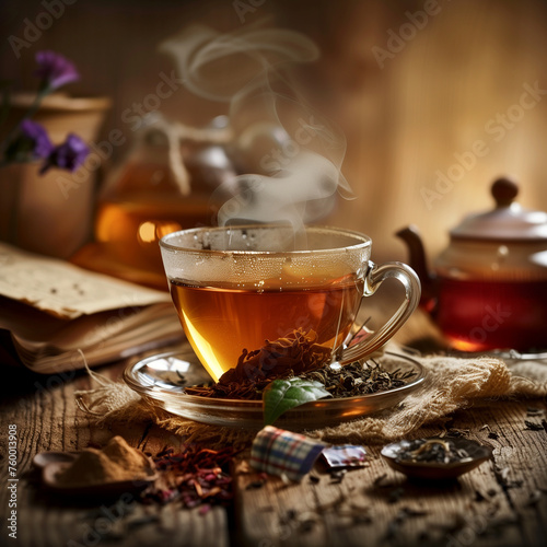 Hot Tea in a Cup with cinnamon and Warm Background.