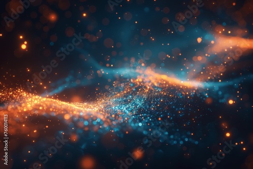 A dreamlike visual of glowing orange and blue particles in space, resembling a cosmic nebula or starry sky.
