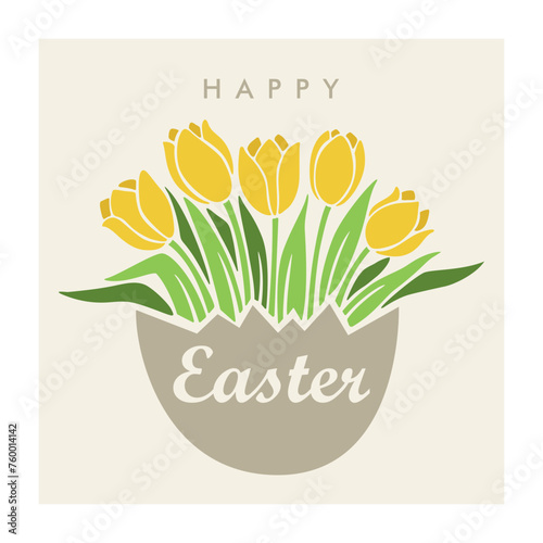 Easter greeting card with yellow tulips in egg shell, isolated vector illustration on beige background, template for greeting cards,social media post,invitation