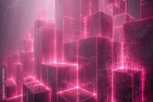  A futuristic cityscape composed of glowing pink neon lines against a hazy, dark backdrop, reminiscent of cyberpunk aesthetics.