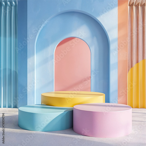 Minimal pastel-colored scenes for mockup products, stage showcase, and promotion display. Colorful geometric shape product display presentation.