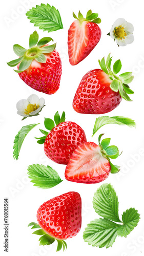 Flying ripe strawberries with leaves and flowers isolated on a transparent background.