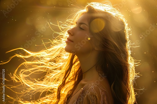 Eine göttliche, schöne Frau mit langen Haaren im goldenen Sonnenlicht