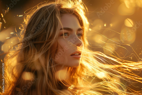 Eine göttliche, schöne Frau mit langen Haaren im goldenen Sonnenlicht photo