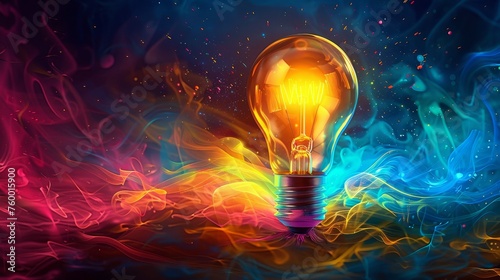 A vibrant light bulb surrounded by swirling colorful energy