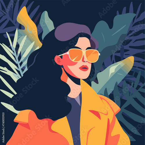 Vector illustration of a beautiful woman in a yellow coat and sunglasses. Trendy style.