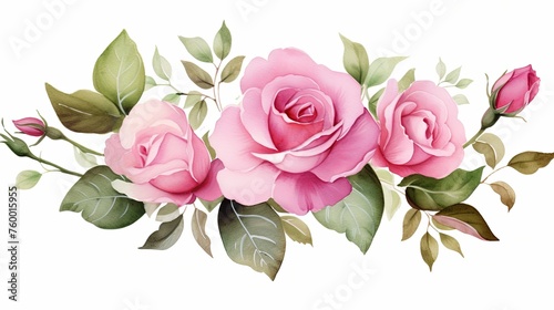Watercolor flower bouquets clipart illustration and rose floral branch with green leaves for greeting card or wedding invitation card on white background