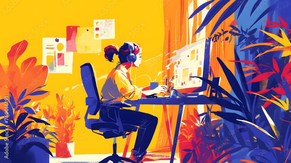 Illustration of a person working hard in front of the computer. Depict a full of tasks environment. Illustration of a person working hard in front of the computer. Depict a full of tasks environment.