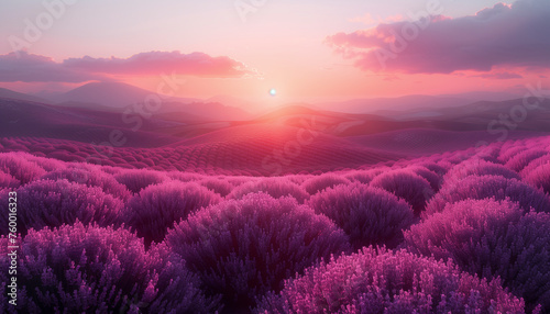 asymmetrical, minimalistic abstract design that mimics a lavender field at dusk. 