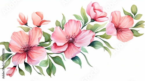 Watercolor pink flower bouquets clipart illustration and spring floral branch with green leaves decoration on white background
