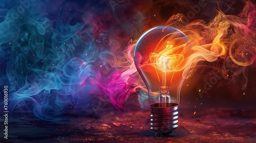 Bright light bulb with swirling, colorful energy