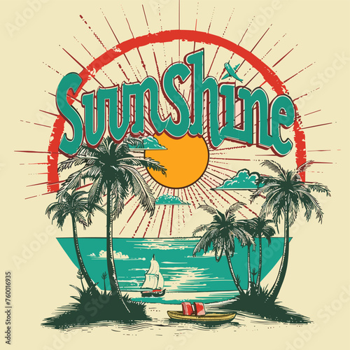 Vintage summer poster with palms, sailboat and sun. Vector illustration