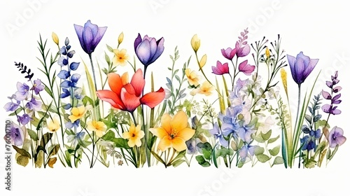 Watercolor flower bouquets clipart illustration and spring floral branch with green leaves decoration on white background
