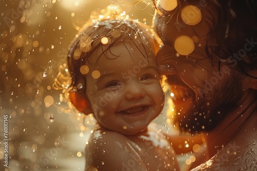 Father and child in glowing bokeh, warm glow. close-up of a tender moment of mutual admiration and love. Concept: fatherhood and family values, parental care, products for children and family service