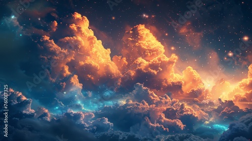 Cinematic and realistic fantasy sky featuring fluffy, glowing clouds under stars © MAY