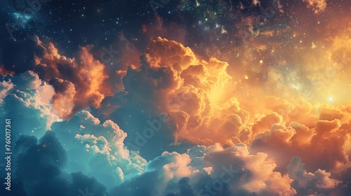 Cinematic and realistic fantasy sky featuring fluffy, glowing clouds under stars
