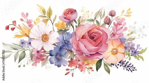Watercolor flower bouquets clipart illustration and rose floral branch with green leaves for greeting card or wedding invitation card on white background © pixeness