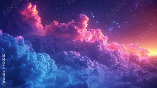 Colorful clouds in night sky with glowing stars