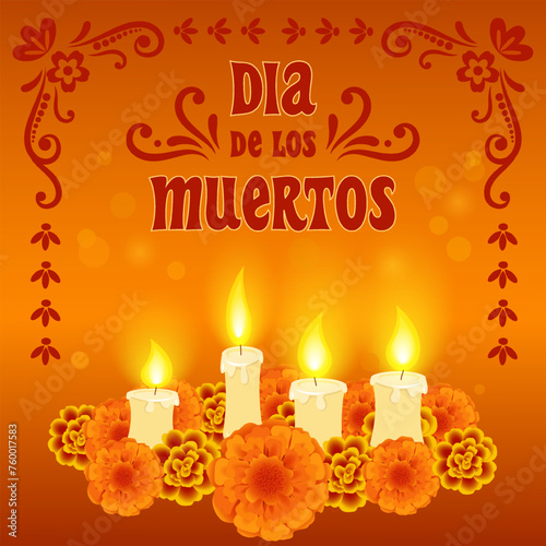 
Day of the dead poster. Vector illustration of Dia de los muertos card with burning candles flowers marigold on orange background