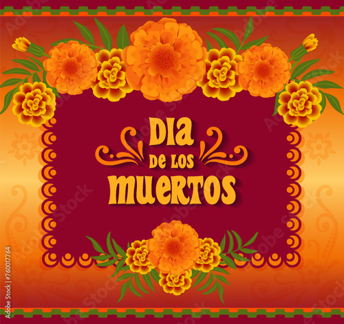 Day of the Dead, Mexican holiday, Dia de los muertos festival. Poster, banner or card with marigold flowers on a golden background.Vector illustration.
