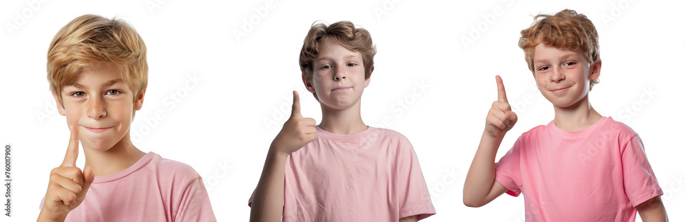Portrait Collection of young white boy in pink shirt with pointing finger hand pose isolated on a white background as transparent PNG
Portrait Collection of young white boy in pink shirt with pointing finger hand pose isolated on a white background as transparent PNG