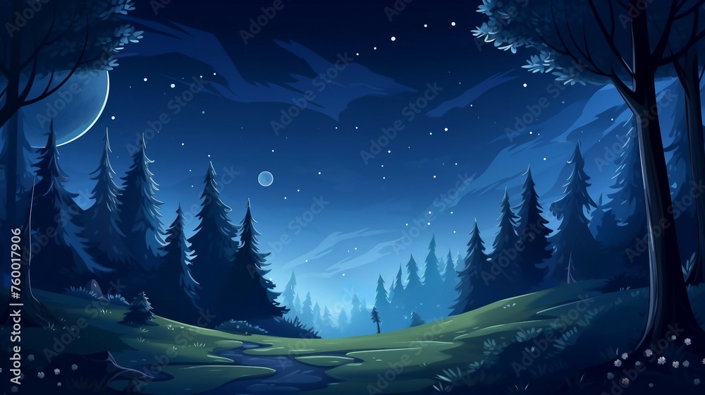 Night forest landscape with moon and starry sky. Vector illustration.