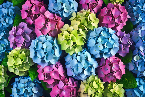 A Sea of Blooms: A breathtaking overhead view showcases the vibrant colors and lush textures of hydrangea flowers, creating a stunning floral background. generative AI