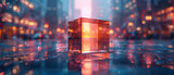 A glass cube with a reflection of a blurred city lights in it on a reflective surface with a blurry background.