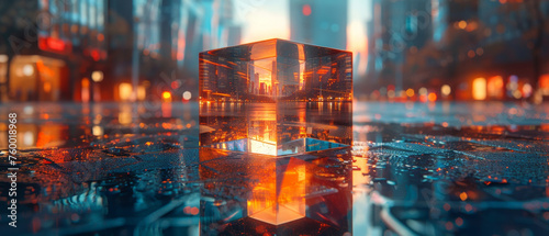 A glass cube with a reflection of a blurred city lights in it on a reflective surface with a blurry background. © Valeriy