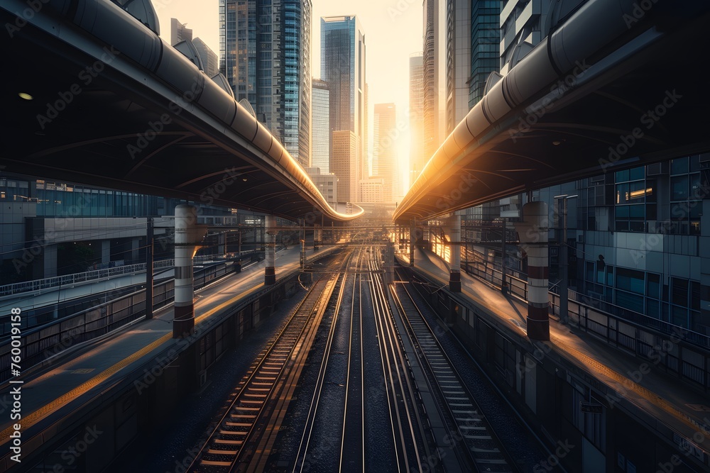 A train station with train tracks and buildings in the background A train station with train tracks and buildings in the background