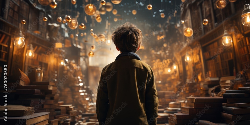 Man Surrounded by Numerous Books in Room Generative AI