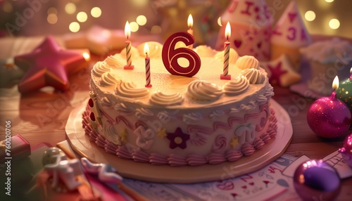 a beautiful birthday cake on the table with the big-sized number  6  written on top of the cake and burning candles around it with birthday decorations in the background slightly blurred.