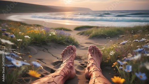 Close up rough barefoot veins/varicose veins on sea sand with wildflowers. Tired person’s leg  photo