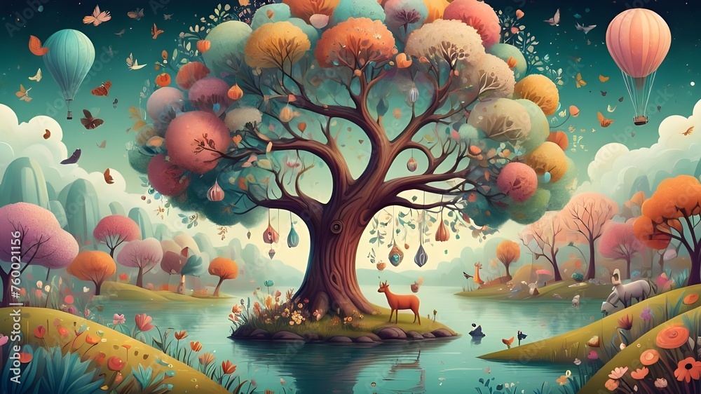 Ethereal Beauty of Fantasy. Whimsical illustration of a Dreamy floating tree, rich background, whimsical animals, flowers, and landscapes. Smoke Amidst the Vibrant Foliage of a Surreal Tree
