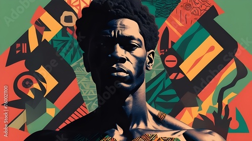 Celebrating black history month. Silhouette strong proud man with risograph artwork. African colors  Bold shapes  and patterns with Symbols of resilience. African-Americans history