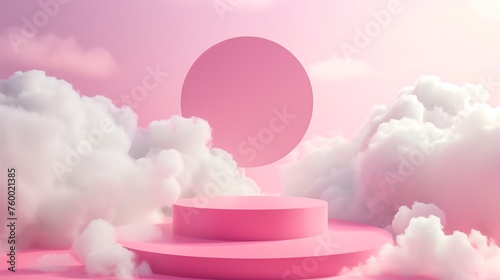 Background with pink podium. The sky platform with pastel clouds. Generated by artificial intelligence. © Ailee Tian