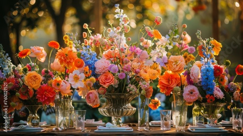 Colorful Flowers in Group of Vases