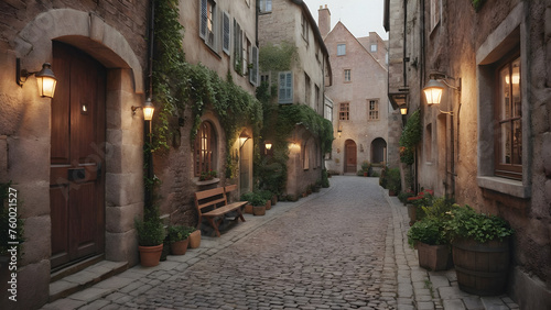 A Timeless Walkway  Step back in time with this charming alley in a historic town  brimming with architectural details and a cozy atmosphere. generative AI