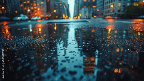 City Street With Puddle of Water