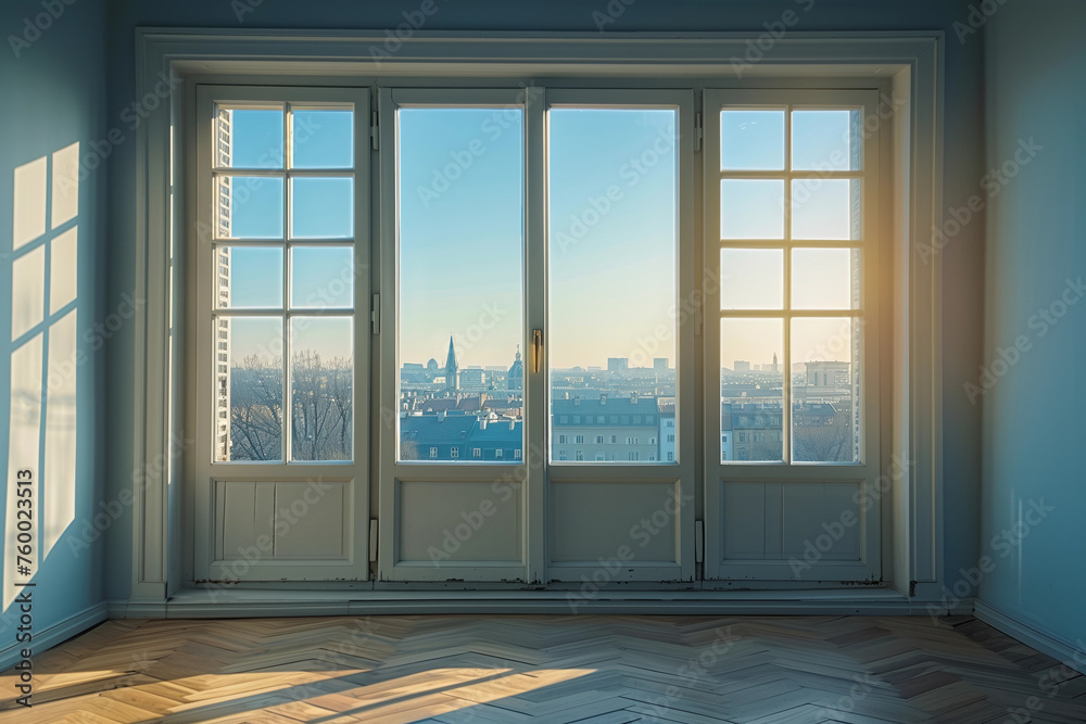 Fototapeta premium A modern minimalist apartment window with beautiful city view