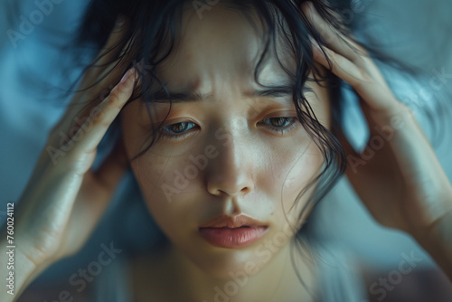 Asian woman suffering from headaches. Mental health concept photo