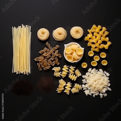 A variety of dry pasta neatly arranged by type on a dark background, including spaghetti and penne, fusilli. Concept: blog and pasta recipes. Marketing of food brands and supermarkets.