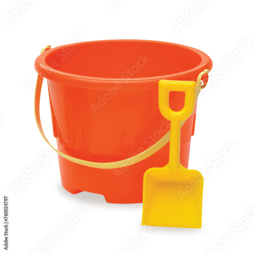 Red sand pail isolated against plain background , summer element concept.