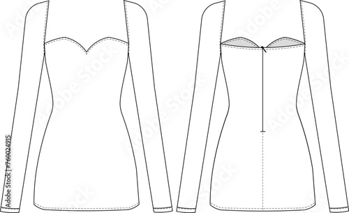sweetheart neck long sleeve zippered body-con mini dress gown template technical drawing flat sketch cad mockup fashion woman design style model
