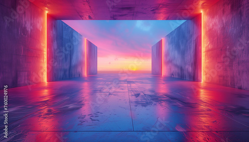 Minimalistic Abstract bright blue and pink neon rectangle outlines on a smooth concrete surface