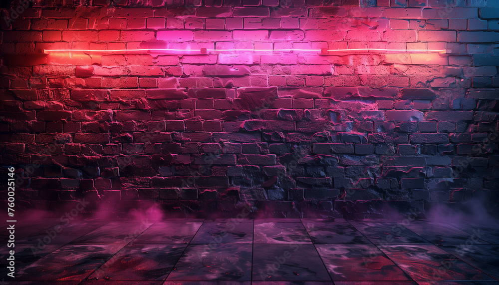 Minimalistic Abstract vibrant cyan and magenta neon light streaks crossing on a slate grey brick wall - obrazy, fototapety, plakaty 