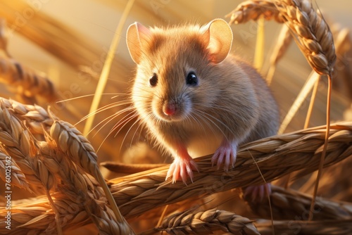 Mouse foraging in a serene sunlit wheat field illustration