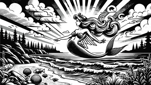 人魚姫と海辺と朝日をアメリカンポップで表現したオシャレなイラストレーション